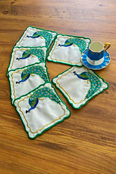 NAKIŞHAN Tavus Kuşu 6'lı Özel Nakışlı Kahve Sunumluk Peçetesi-Yeşil