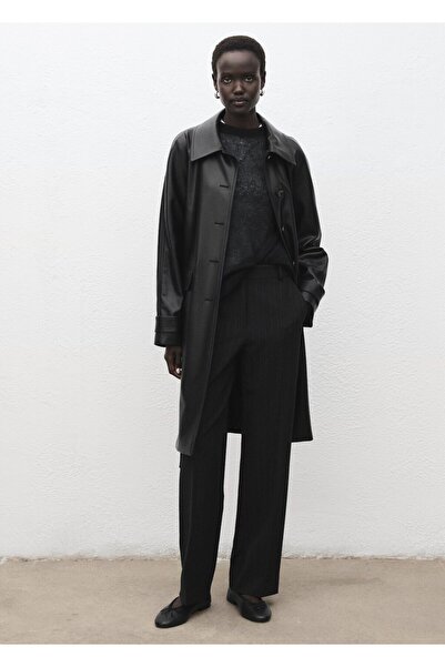 MANGO Woman Uzun deri görünümlü kemerli trençkot