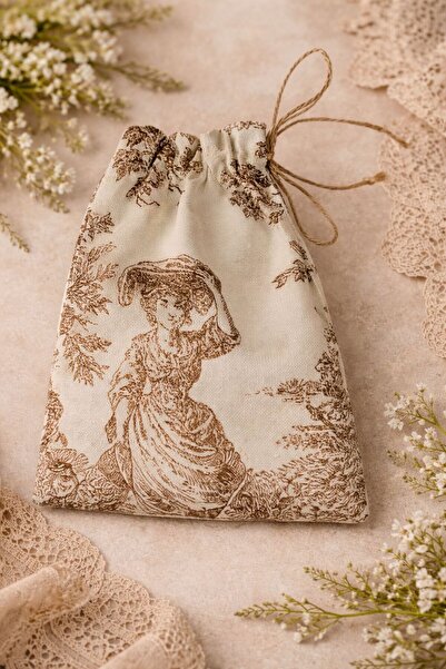 Buemshop French Village Mini Kese 15x21 cm | Kahverengi Toile de Jouy Keten J...