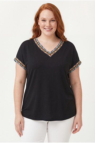 Ebsumu Women's Plus Size Blouse with Colorful Embroidered Sleeves and Collar