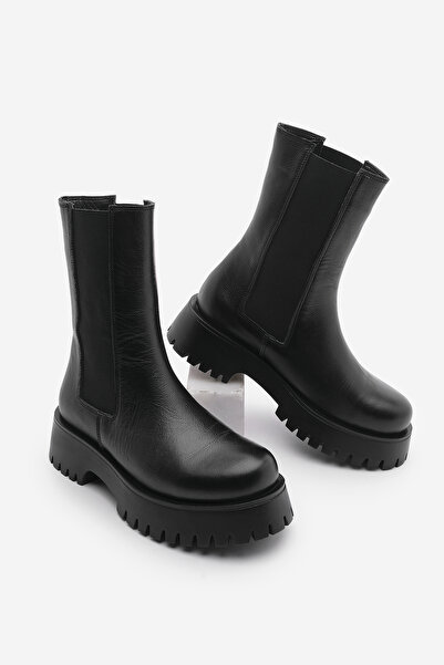 Marjin Women's Genuine Leather Daily Boots with Thick Serrated Sole and Elast...