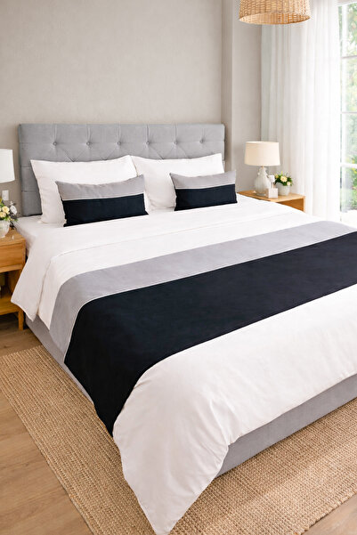 RİTMOHOME Bed Runner & Inner Padded Throw Pillow Set Double Piping Gray/black...