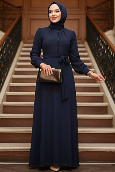 N.S NEVA STYLE Κουμπί Λεπτομερές Σκούρο Μπλε Φόρεμα Hijab 2703KL