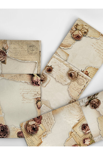 Henno A6 (10,5x14,8 cm) 6’lı Vintage Gül Detaylı El Yazılı Yırtık Kağıt Kolaj...