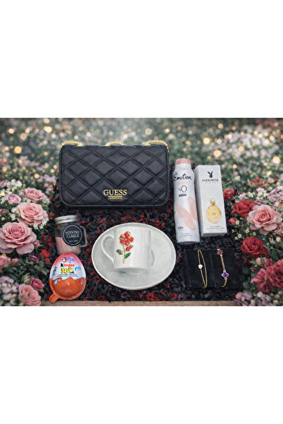 OEM 14 ŞUBAT SEVGİLİLER GÜNÜNE ÖZEL ÇANTA VE GÜL DESENLİ KAHVE FİNCANI DETAYL...