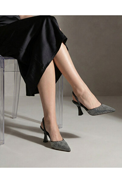 Beyond Women's Black Beaded Detailed Pointed Toe Evening Dress Heeled Shoes 8...