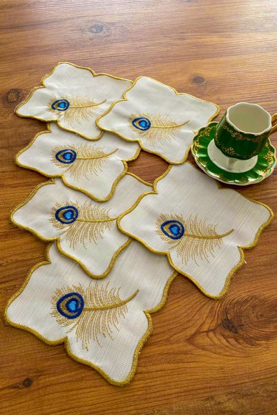 NAKIŞHAN Set de 6 șervețele de prezentare pentru cafea, brodate special, din in, cu design de păun, șervețele pentru cocktail de cafea - Albastru/Auriu
