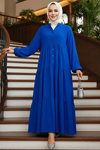 Neva Style Kat Piliseli Sax Mavisi Tesettür Elbise 20612SX