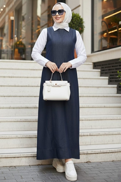 N.S NEVA STYLE Τζιν Ναυτικό Μπλε Φόρεμα Hijab 24121L