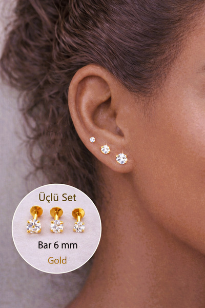 Sacce Scarves&Accessories Tektaşlı 3'lü Set Çelik Piercing Tragus Helix Kıkır...