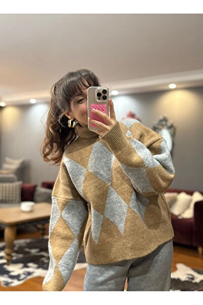 MODAGK Yumoş Baklava Pattern Knitwear Sweater-Grey Mustard