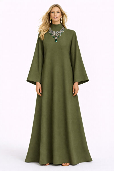 MERT ERKAN Stand Collar & A-Form Mold Maxi Crepe Stylish Abaya Dress