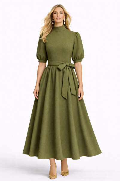 MERT ERKAN Watermelon Sleeve Khaki Crepe Midi Stylish Dress