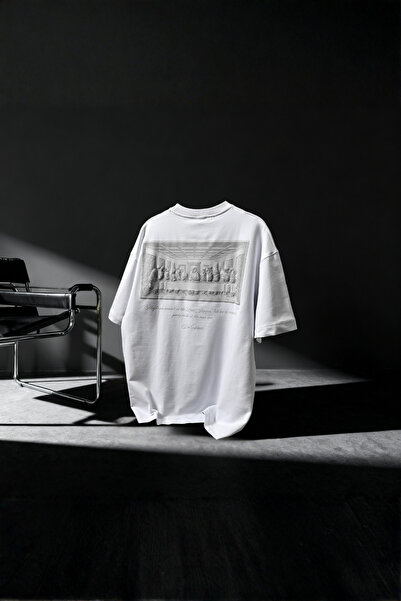 Wonraces Men's White Premium Da Vinci Embossed Printed Crew Neck Oversize T-S...