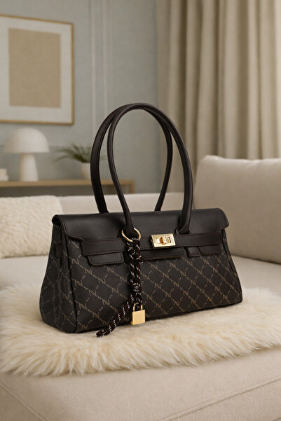 NOTHING Geantă de mână și de umăr pentru femei, din piele maro cu monogramă, ...