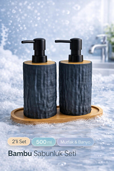 Tilbe Home 2li Bambu Detaylı Sıvı Sabunluk Seti 500ml Mutfak Banyo Taş Figürl...