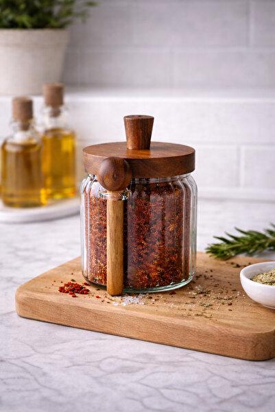 Paşabahçe 1 Adet Akasya Kapaklı Kaşıklı Vakumlu Cam Kavanoz Baharatlık Seti-M...