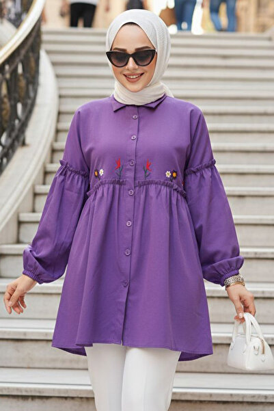 Neva Style تونيك حجاب أرجواني منقوش مطرز 40603PURPLE