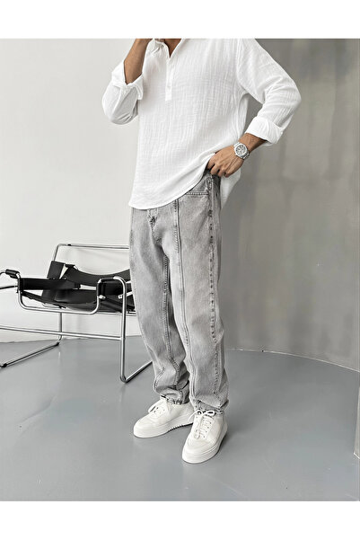 Wonraces Men's Gray Baggy Washed Design Jean Jeans with Stitching Detail