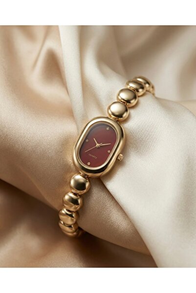 KLISHE Butik Kadın Çelik Saat Vintage Gold Renk Bordo Kadran Şık, Klasik Kol ...