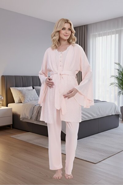 Lohussa Pudra Jakarlı Volanlı Özel Tasarım %100 Pamuk Yazlık Hamile Lohusa Sa...