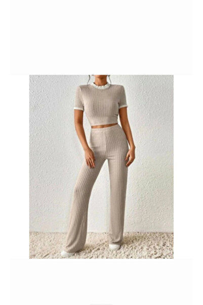 BİGÜMEX Γυναικείο κοστούμι καμιζόλ με κοντό μανίκι Crop ψηλόμεσο φαρδύ πόδι