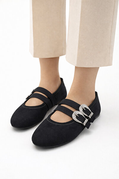 RoseVeno Pantofi de damă din piele intoarsa neagra cu catarama, casual, tip b...