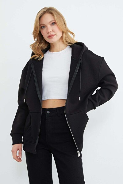 Fulla Moda Φούτερ με κουκούλα και φερμουάρ 3 İplik Basic Oversize
