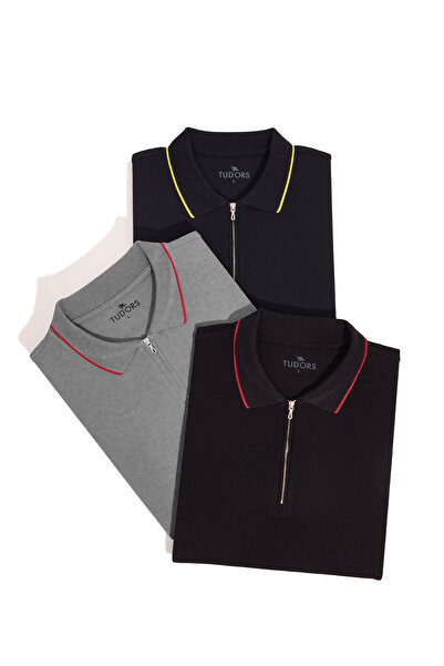 Tudors Erkek 3'lü Paket Lacivert-Gri-Siyah Slim Fit Dar Kesim Pamuklu Düz Fer...