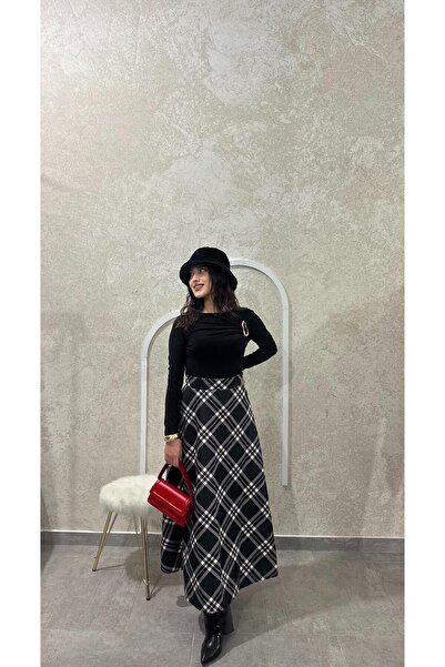 peri tower YENİ ÜRÜN Kadın Siyah Kareli Kloş Scuba Etek 0069