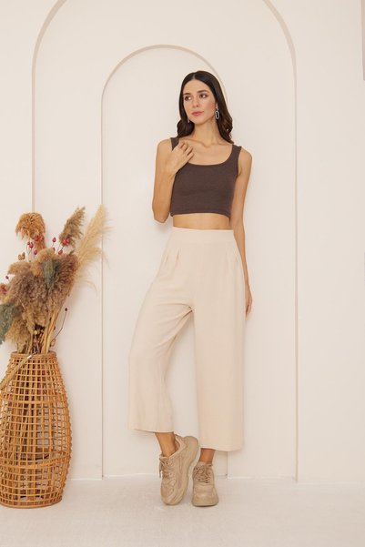 Darlin Moda Women's Beige High Waist Wide Leg Pants Dm3003