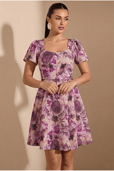 LİVE SPORT Kadın Kare Yaka Süblime Baskılı Önü Pileli Mini Elbise-Lila Baskılı