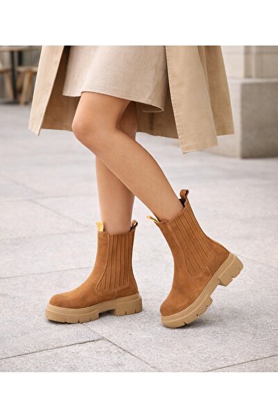 TwoEgoist Kadın Hakiki Süet Deri Kalın Taban Chelsea Bot – 5 cm Topuk, Kışlık...