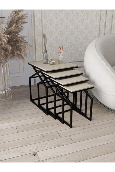 Dekoport Uygar Zigon Sehpa Yan Sehpa Metal Sehpa Siyah Metal - Traverten Dese...