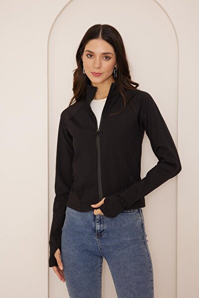 Darlin Moda سترة رياضية نسائية سوداء بياقة عالية وسحاب أمامي DM10000