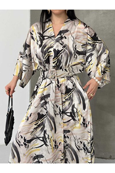 Moda İkra Rochie de damă cu decolteu în V, cu curea și imprimeu zigzag