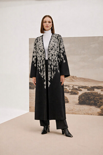 Uludağ Triko Siyah Gri Kabartma Çiçek Desenli Triko Kadın Hırka