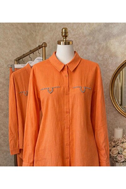 aleksandritbutik ALEKSANDRİT BUTİK KADIN PAMUK KETEN TAŞ İŞLEMELİ GÖMLEK