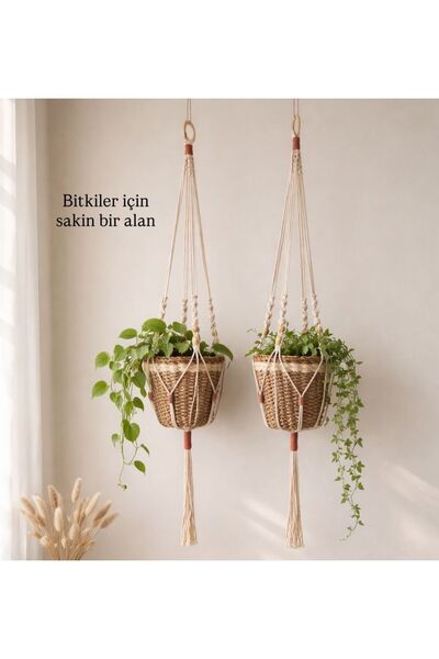 VOBU HOME & LIFE DESIGN Makrome İp Askılı Saksılık, Çiçeklik, El Yapımı Ev ve...
