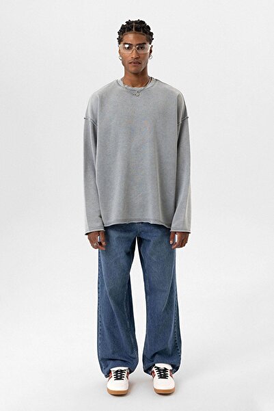 VAMOSCLO بلوزة رمادية كبيرة الحجم مع تفصيل مغسول على الظهر