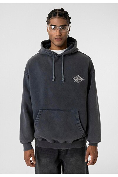 VAMOSCLO Yıkamalı Sırt Baskılı Oversize Sweatshirt Siyah