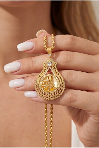 FerizZ Altın Kaplama Zirkon Taşlı Lale Model Tuğralı Kolye Ucu TGR-756