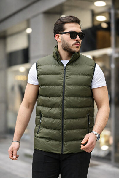 TREND YAŞAR Pánská základní khaki vesta bez rukávů s kapsou na zip