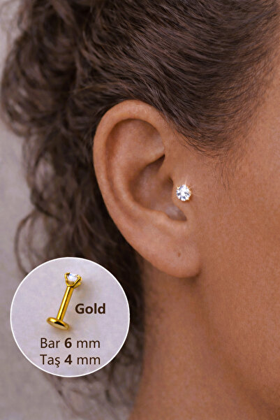 Sacce Scarves&Accessories 4 mm Tektaşlı 6 mm Çelik Piercing Gold Renkli