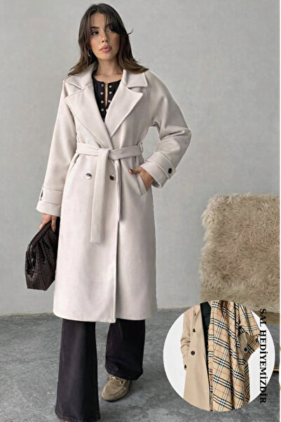 Neşeli Butik női bézs színű öves, zsebes bélésű, hosszú kasmír kabát NBG120