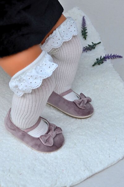 First Step Pudra Kadife Kız Bebek Lastikli İlk Adım Babet-F-542