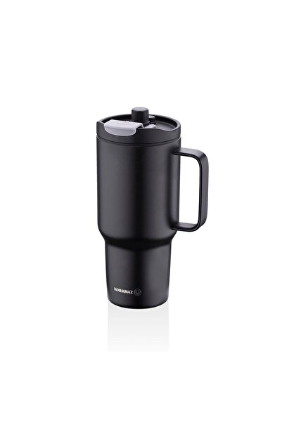 KORKMAZ 1 Liter Black Freedom Glass with Straw Thermos A5577