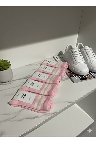WOOK SOCKS جوارب بناتي مخططة باللونين الوردي والأبيض قطعة واحدة