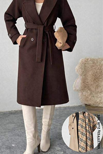 Neşeli Butik Palton de damă maro cu curea și detalii cu nasturi, cu căptușeal...