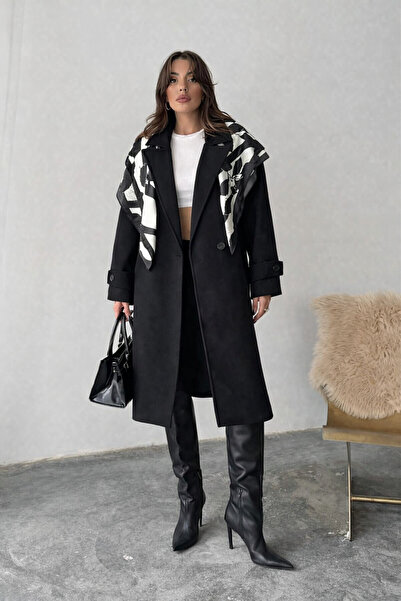Neşeli Butik Дамско черно дълго вълнено палто с колан и копчета, с подплата N...
